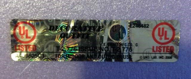 Example of listing label found on the wire for decorative lighting.